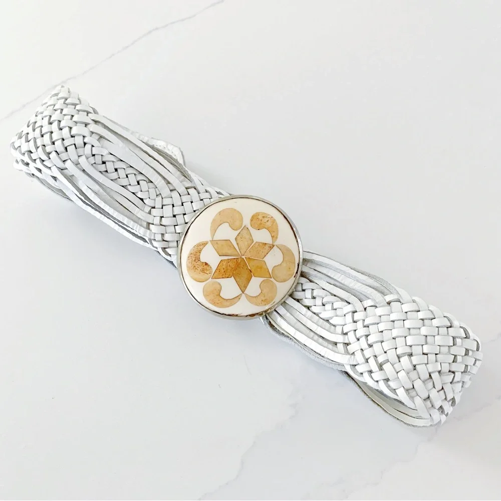 MOTIF56 Braided Genuine Leather Moroccan Belt In White With A Round Shel…